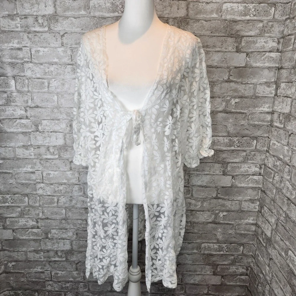 Siren Lily‎ Swim Cover Up White Floral Daisy Sheer Lace Kimono 3X